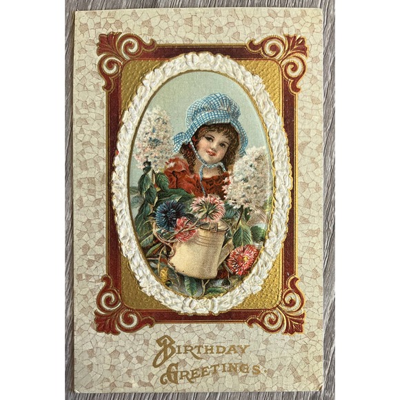 Other - Postcard Vintage Victorian Birthday Greetings Garden Girl Flowers Gold Embossed
